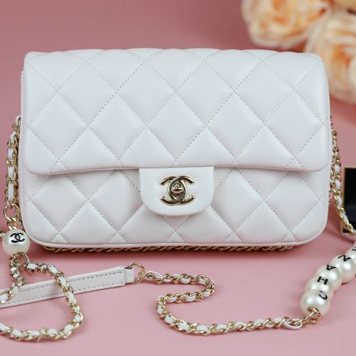 Chanel Mini Bag Square Pearl Crush Quilted Grey Lambskin Gold Hardware   Nice Bag