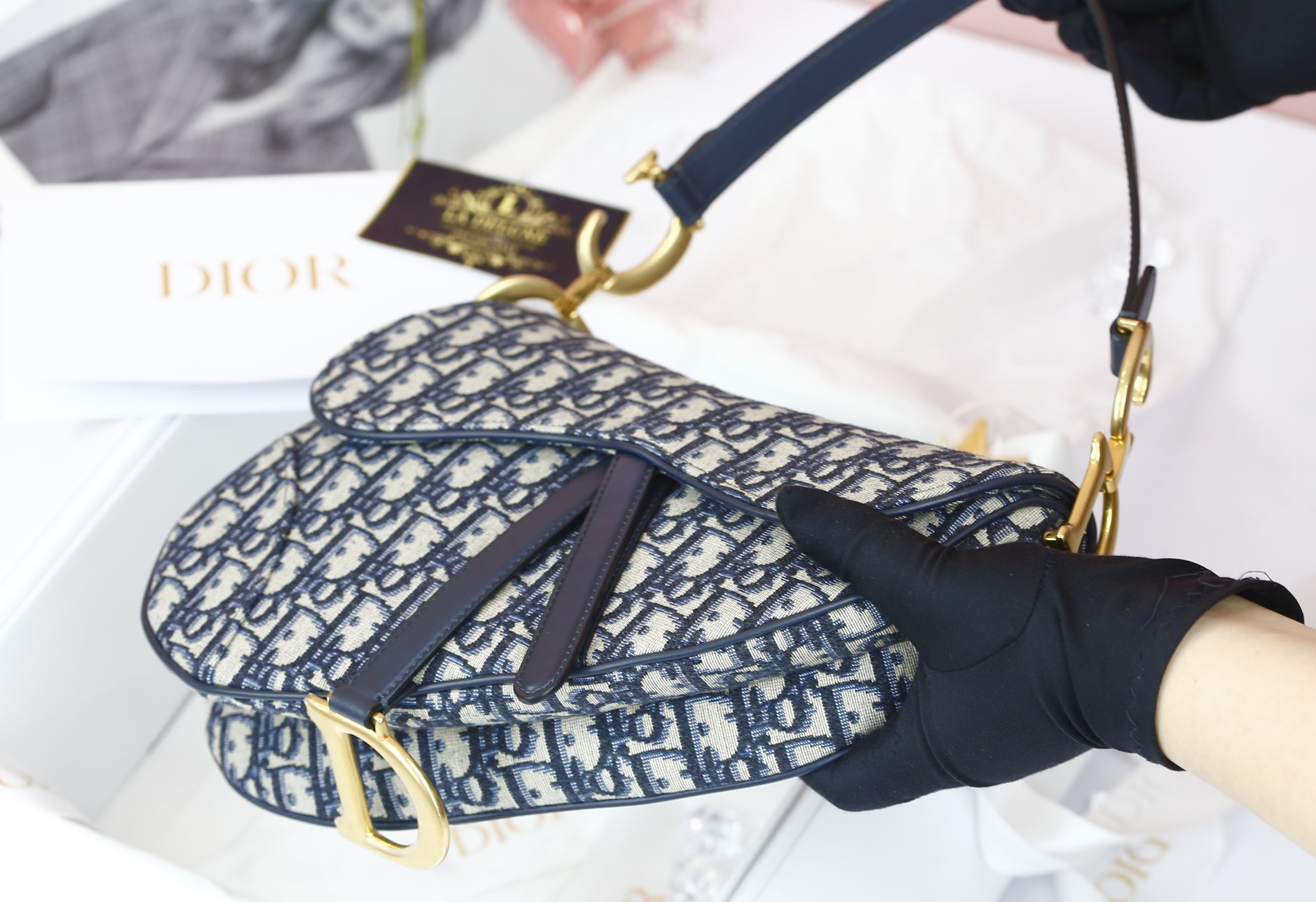 Christian Dior Hand Bag Oblique Saddle Black Beige Canvas Hand Bag Purse  B363  eBay
